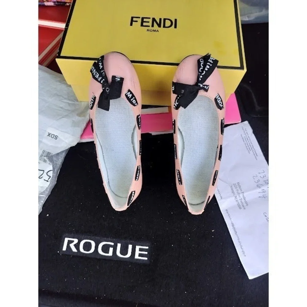 Fendi Roma Pink Leather Ballet Flats Logo Ribbon Bow Shoes Made in Italy Size 2 - Picture 4 of 9